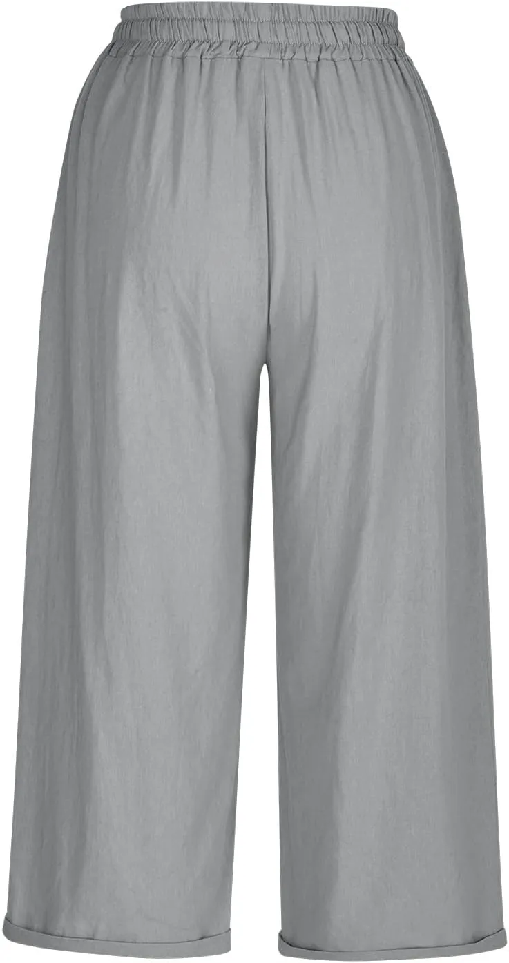 Mzkdieey Cotton Linen Capris Pants for Women Summer Casual Straight Wide Leg Drawstring Elastic Waist Cropped Beach Trousers