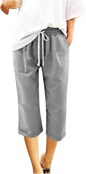 Mzkdieey Cotton Linen Capris Pants for Women Summer Casual Straight Wide Leg Drawstring Elastic Waist Cropped Beach Trousers