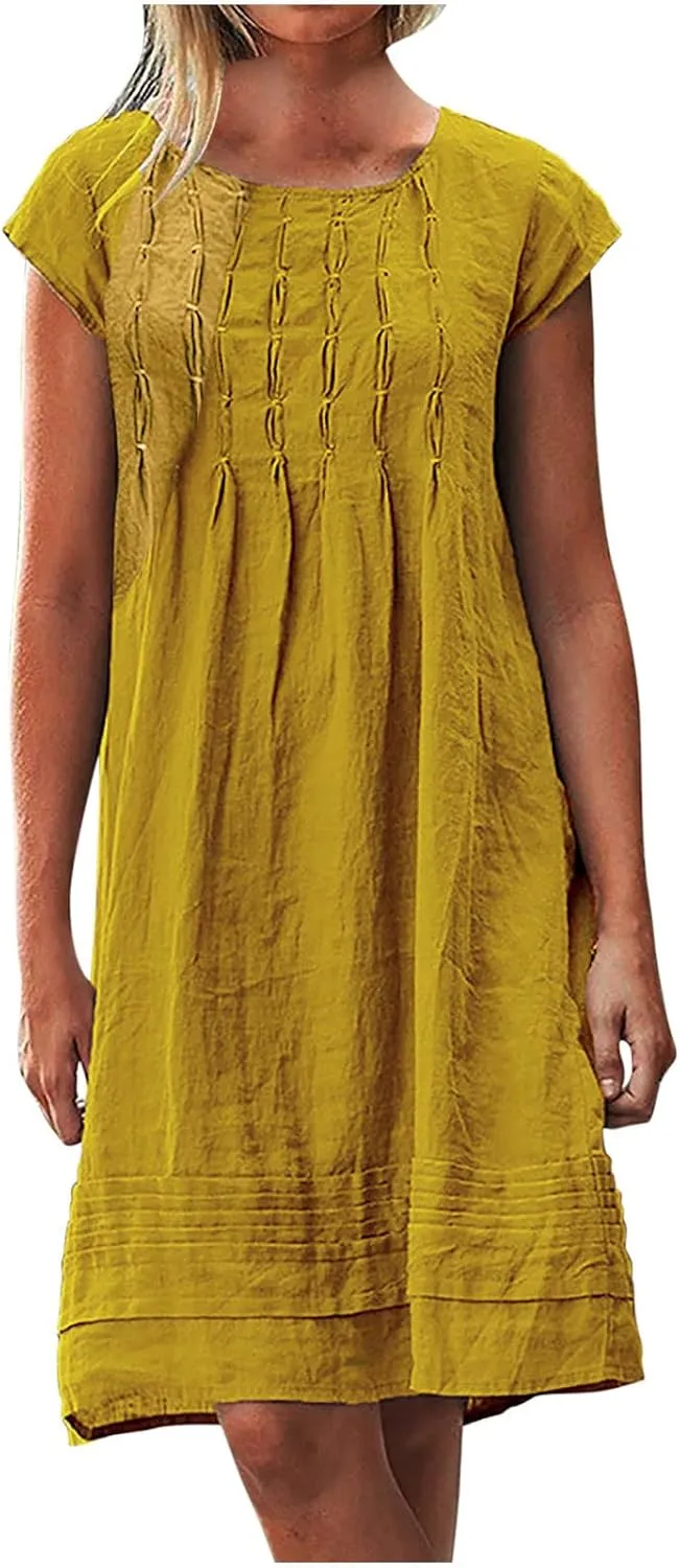Mzkdieey Women's Cotton Linen Dress Summer Short Sleeve Pleated Midi Dresses Plus Size Plain Loose Beach Party T Shirt Dress