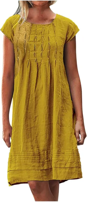 Mzkdieey Women's Cotton Linen Dress Summer Short Sleeve Pleated Midi Dresses Plus Size Plain Loose Beach Party T Shirt Dress