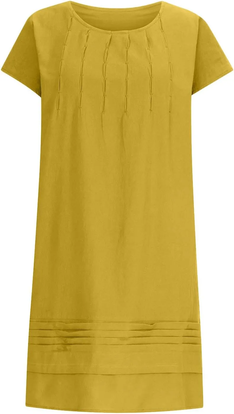 Mzkdieey Women's Cotton Linen Dress Summer Short Sleeve Pleated Midi Dresses Plus Size Plain Loose Beach Party T Shirt Dress