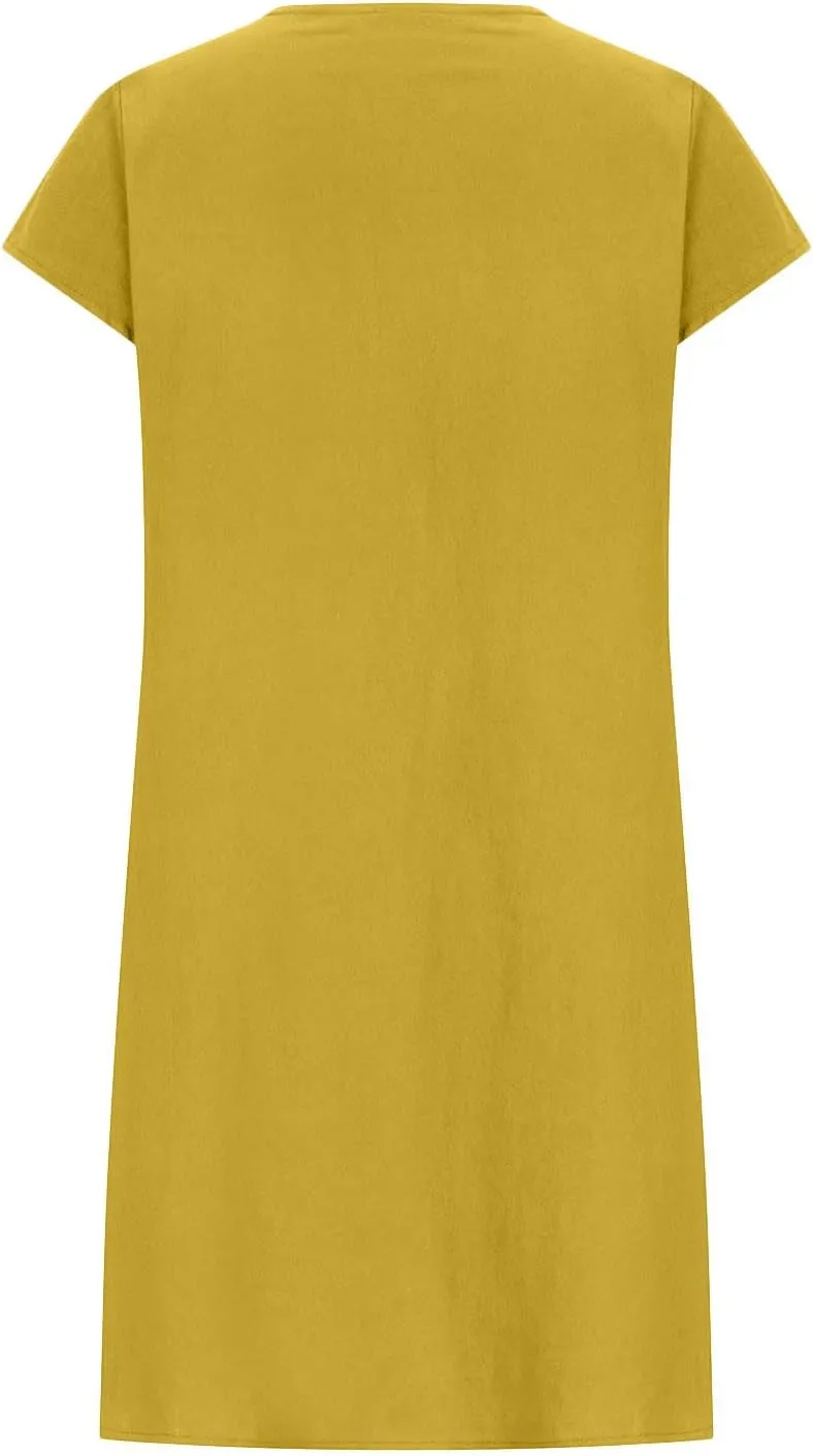 Mzkdieey Women's Cotton Linen Dress Summer Short Sleeve Pleated Midi Dresses Plus Size Plain Loose Beach Party T Shirt Dress
