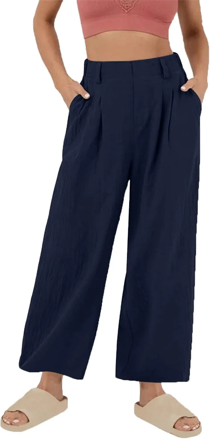 Mzkdieey Women's Summer High Waisted Wide Leg Loose Cotton Linen Palazzo Pants Dressy Casual Solid Trousers with Pockets