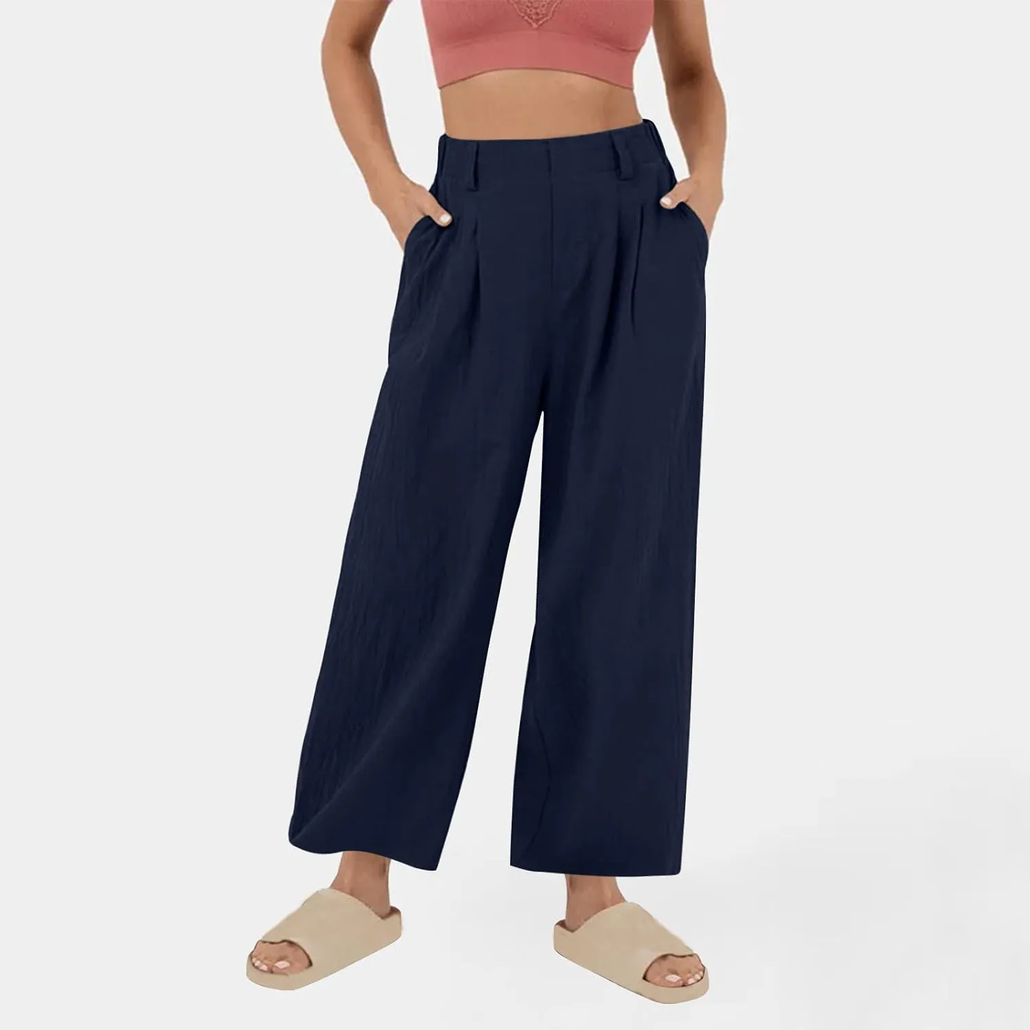 Mzkdieey Women's Summer High Waisted Wide Leg Loose Cotton Linen Palazzo Pants Dressy Casual Solid Trousers with Pockets