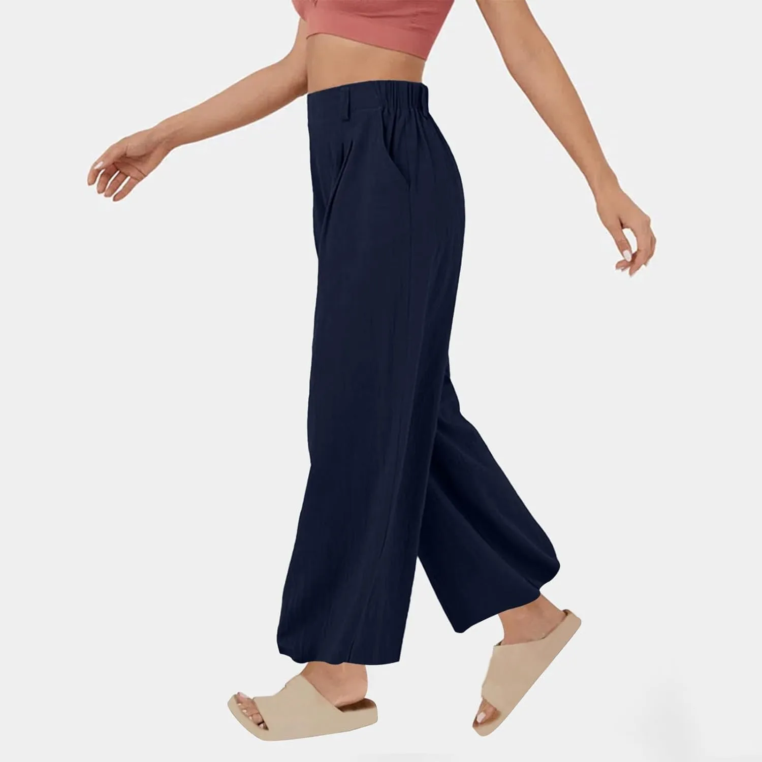 Mzkdieey Women's Summer High Waisted Wide Leg Loose Cotton Linen Palazzo Pants Dressy Casual Solid Trousers with Pockets