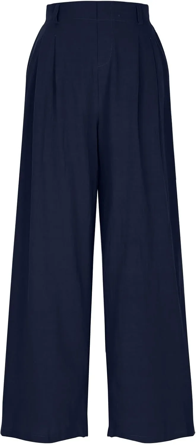 Mzkdieey Women's Summer High Waisted Wide Leg Loose Cotton Linen Palazzo Pants Dressy Casual Solid Trousers with Pockets