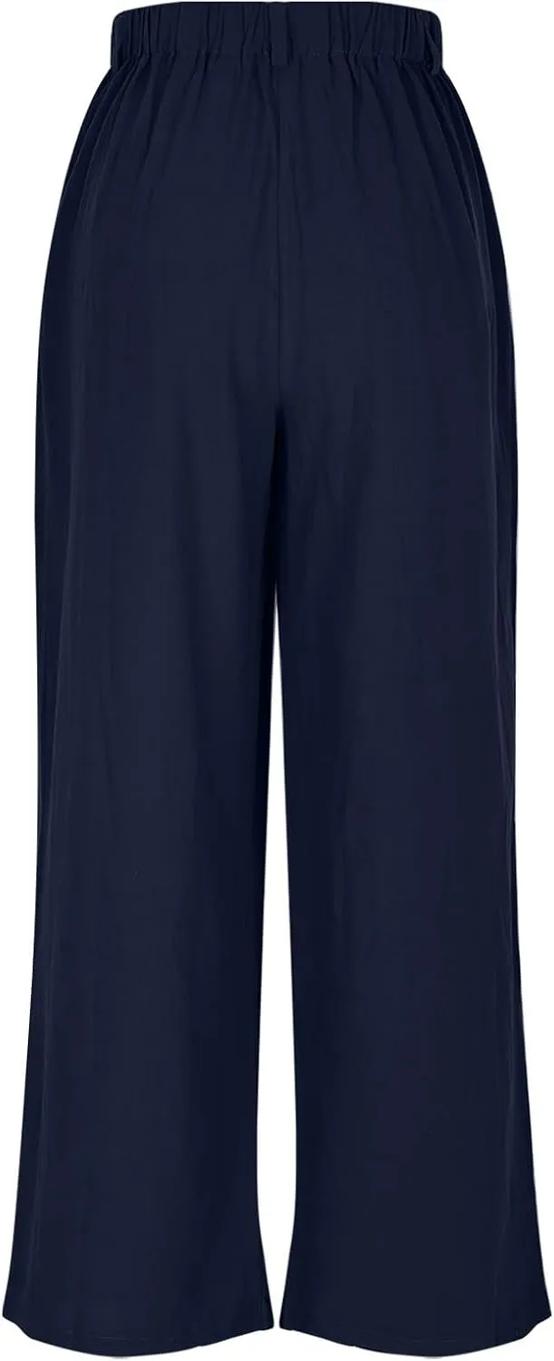 Mzkdieey Women's Summer High Waisted Wide Leg Loose Cotton Linen Palazzo Pants Dressy Casual Solid Trousers with Pockets
