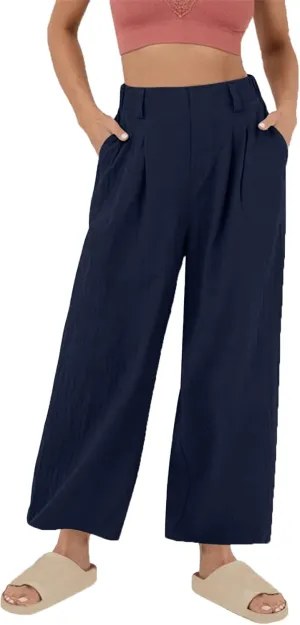 Mzkdieey Women's Summer High Waisted Wide Leg Loose Cotton Linen Palazzo Pants Dressy Casual Solid Trousers with Pockets
