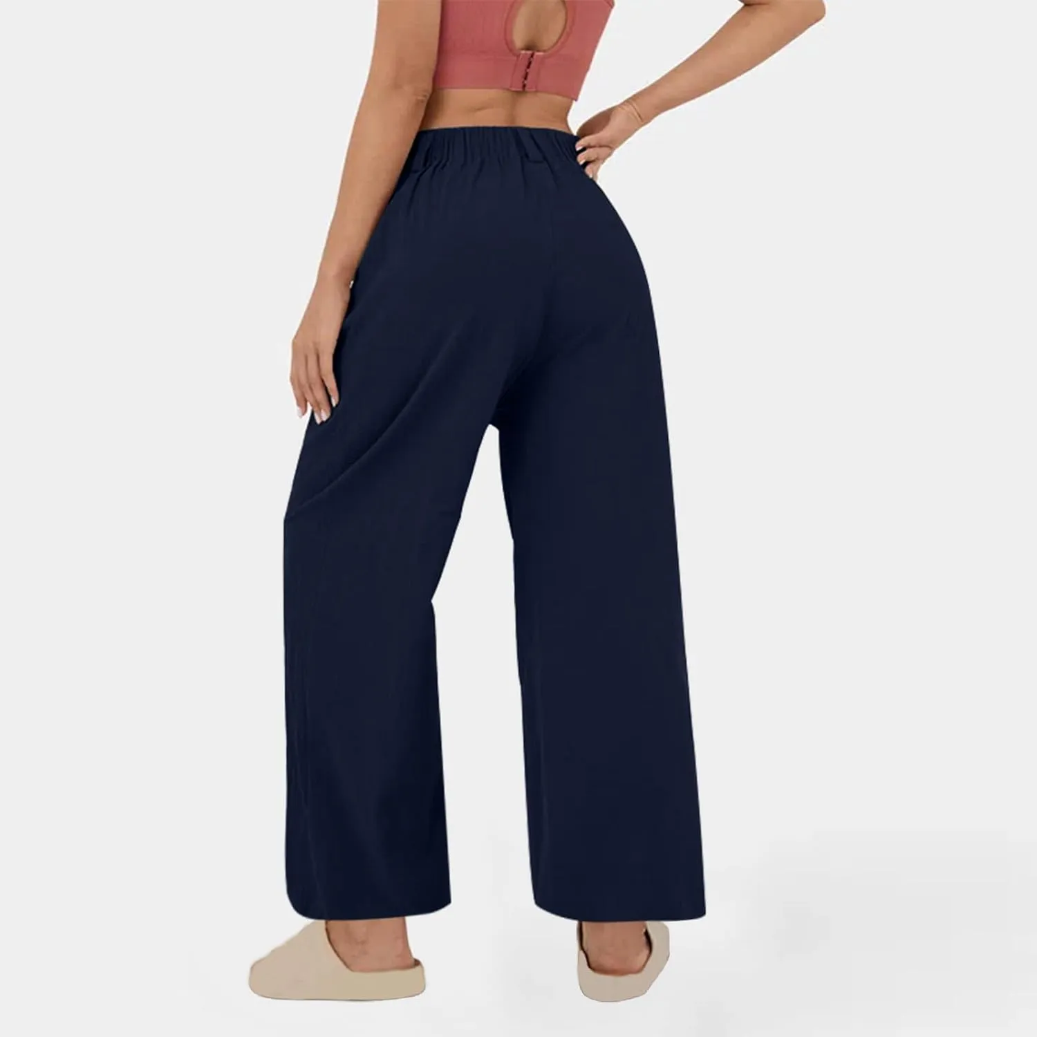 Mzkdieey Women's Summer High Waisted Wide Leg Loose Cotton Linen Palazzo Pants Dressy Casual Solid Trousers with Pockets