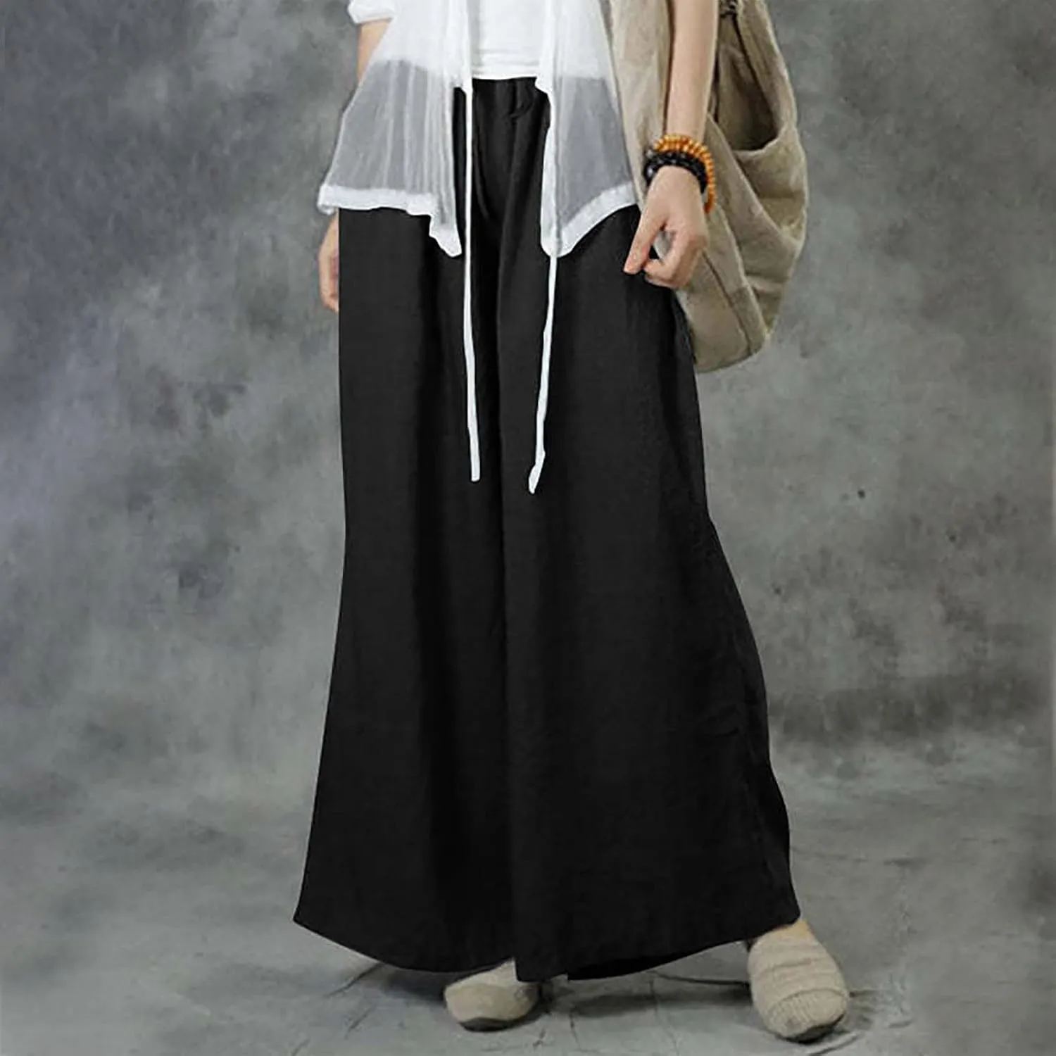 NATHGAM Wide Leg Trousers for Women Loose Fit Cotton Linen Elastic Waist Pants Summer Flowy Long Palazzo Pants with Pockets