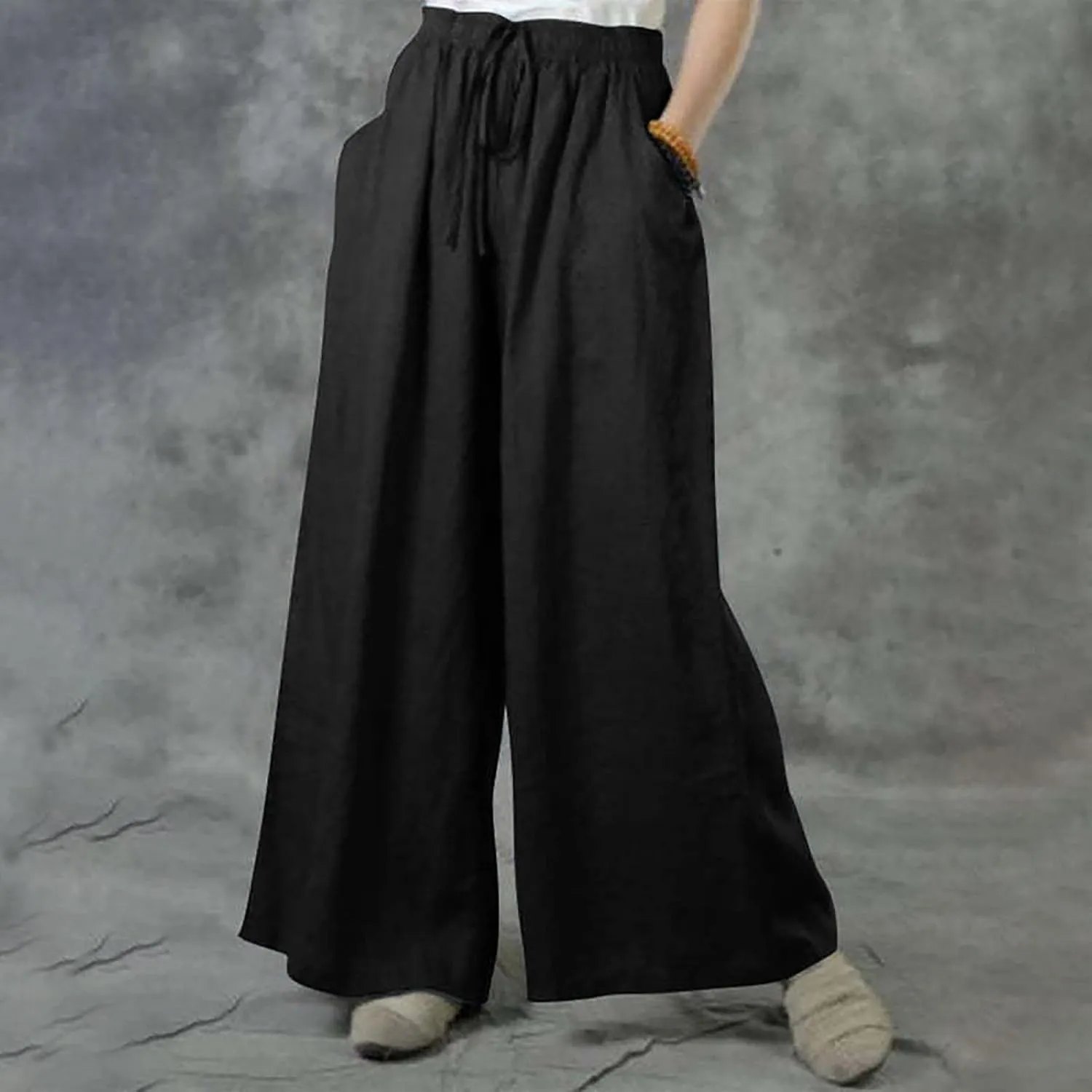 NATHGAM Wide Leg Trousers for Women Loose Fit Cotton Linen Elastic Waist Pants Summer Flowy Long Palazzo Pants with Pockets