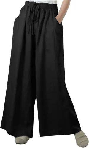 NATHGAM Wide Leg Trousers for Women Loose Fit Cotton Linen Elastic Waist Pants Summer Flowy Long Palazzo Pants with Pockets