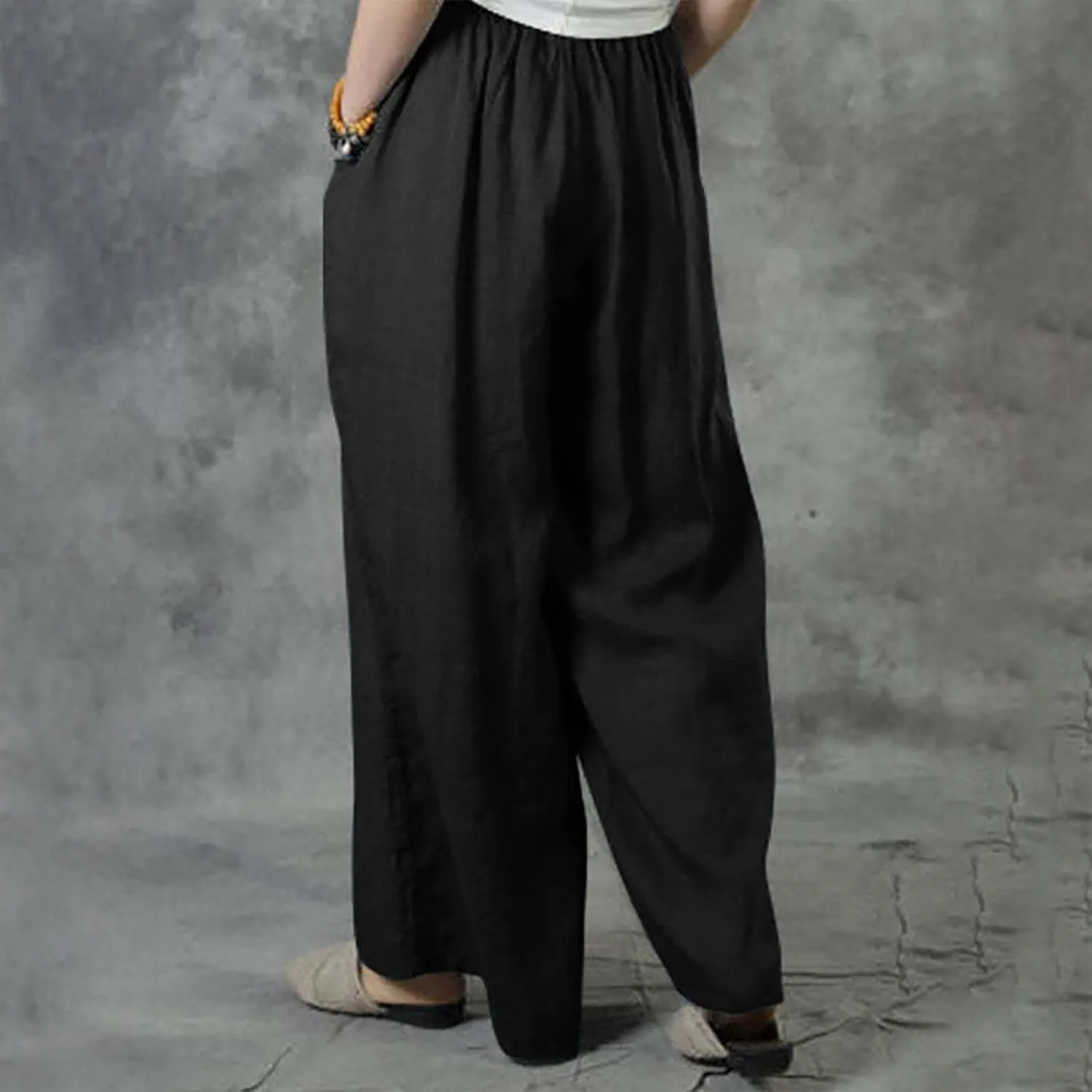 NATHGAM Wide Leg Trousers for Women Loose Fit Cotton Linen Elastic Waist Pants Summer Flowy Long Palazzo Pants with Pockets