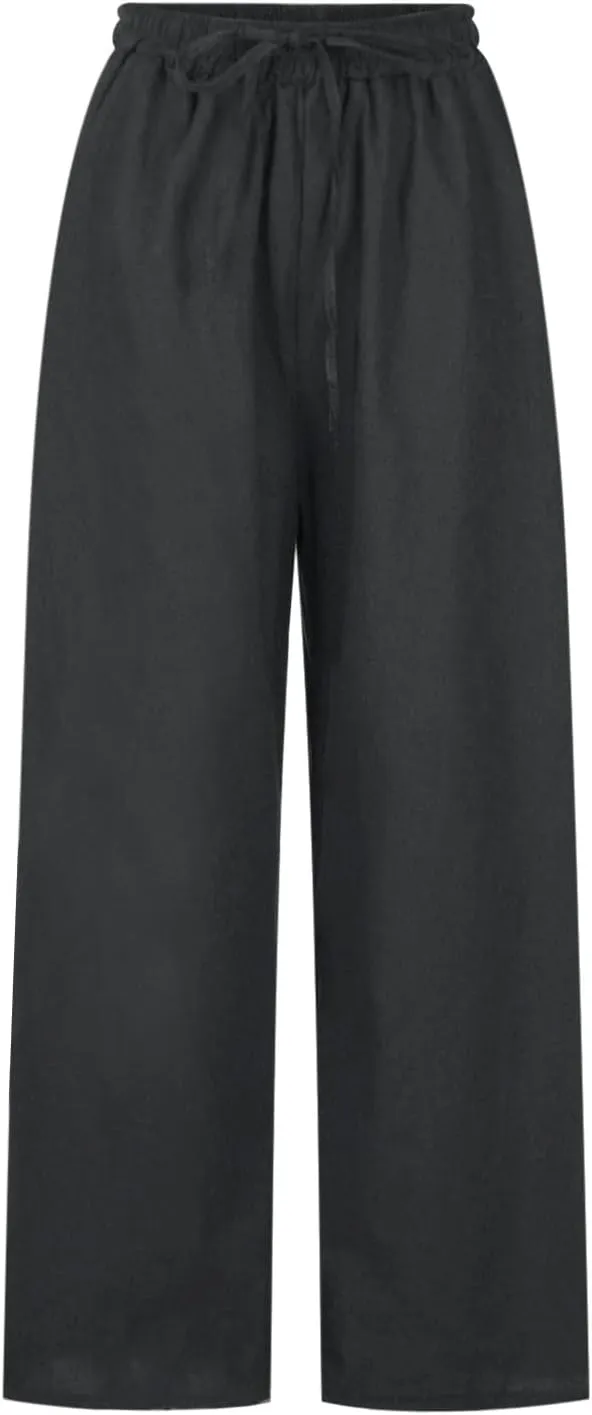 NATHGAM Wide Leg Trousers for Women Loose Fit Cotton Linen Elastic Waist Pants Summer Flowy Long Palazzo Pants with Pockets