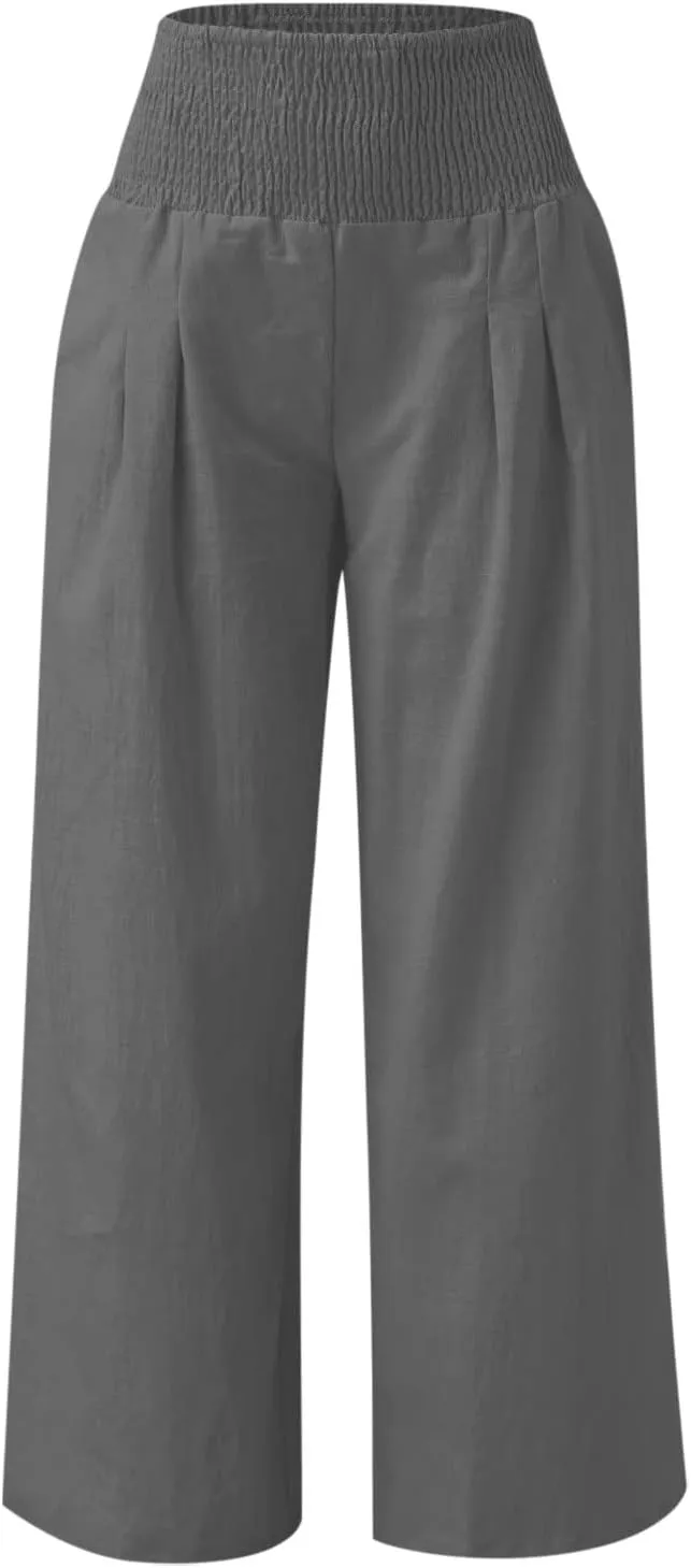 NATHGAM Women's Summer Wide Leg Pants Cotton Linen Casual Smocked High Waisted Palazzo Trousers Beach Travel Vacation Outfits