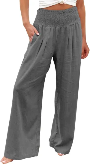 NATHGAM Women's Summer Wide Leg Pants Cotton Linen Casual Smocked High Waisted Palazzo Trousers Beach Travel Vacation Outfits
