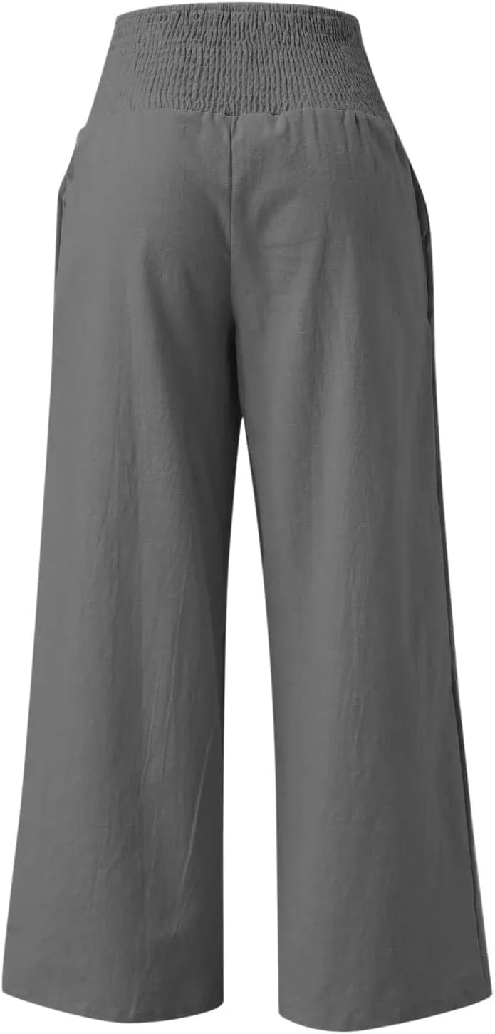 NATHGAM Women's Summer Wide Leg Pants Cotton Linen Casual Smocked High Waisted Palazzo Trousers Beach Travel Vacation Outfits
