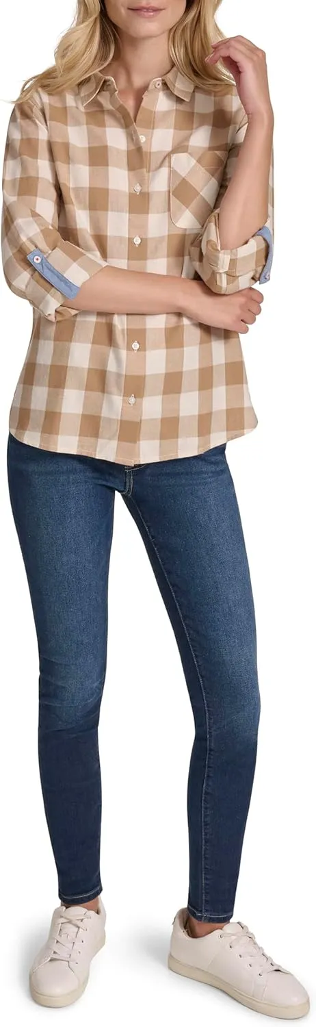 Nautica Women's Button Front Long Sleeve Roll Tab Shirt