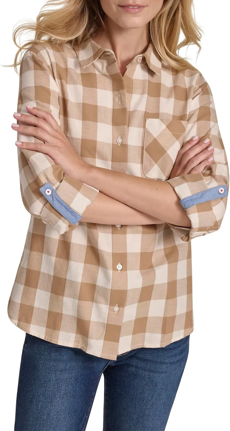 Nautica Women's Button Front Long Sleeve Roll Tab Shirt