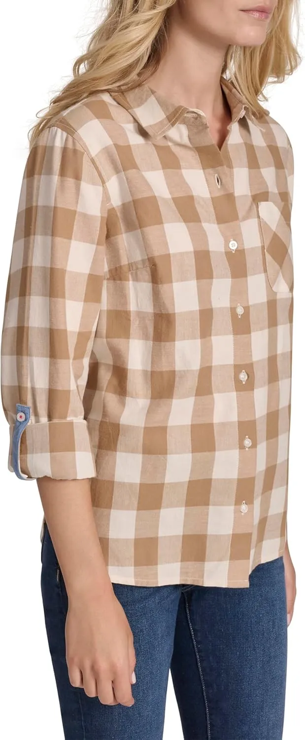 Nautica Women's Button Front Long Sleeve Roll Tab Shirt