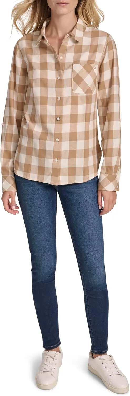 Nautica Women's Button Front Long Sleeve Roll Tab Shirt