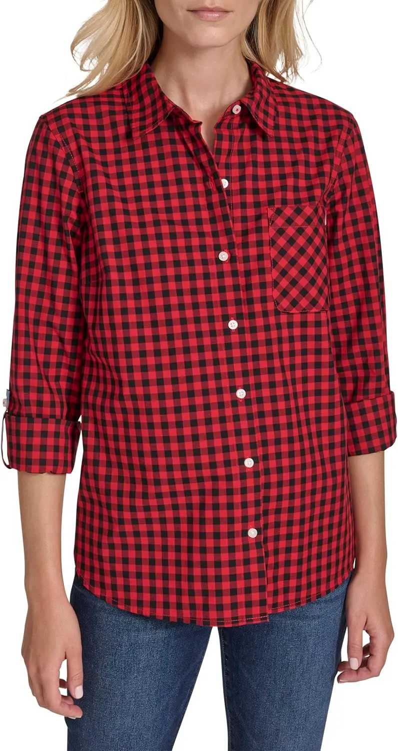 Nautica Women's Button Front Long Sleeve Roll Tab Shirt