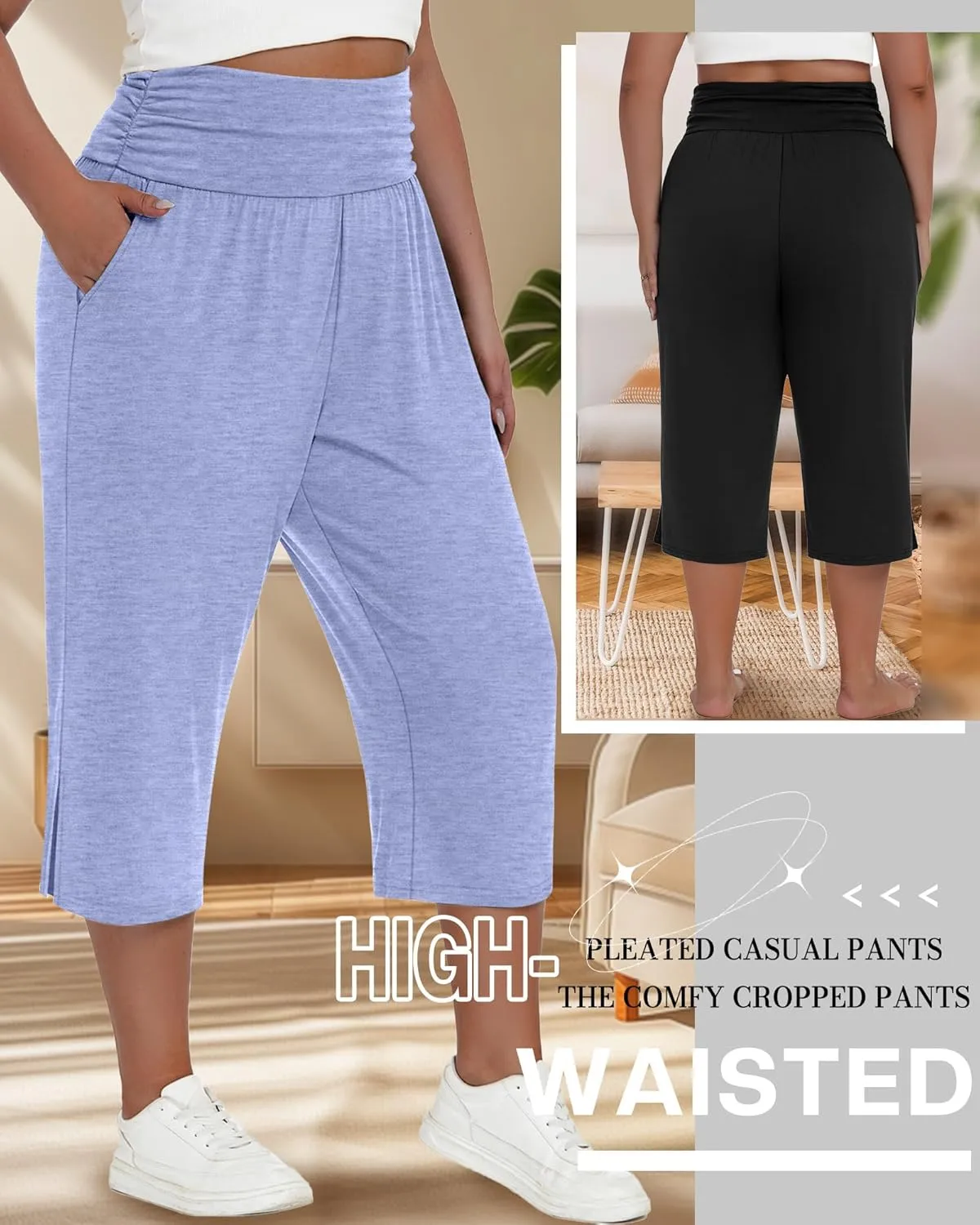 Neer 3 Pack Women's Plus Size Cotton Capri Pants High Waisted Wide Leg Loose Lounge Yoga Cropped Sweatpants with Pockets