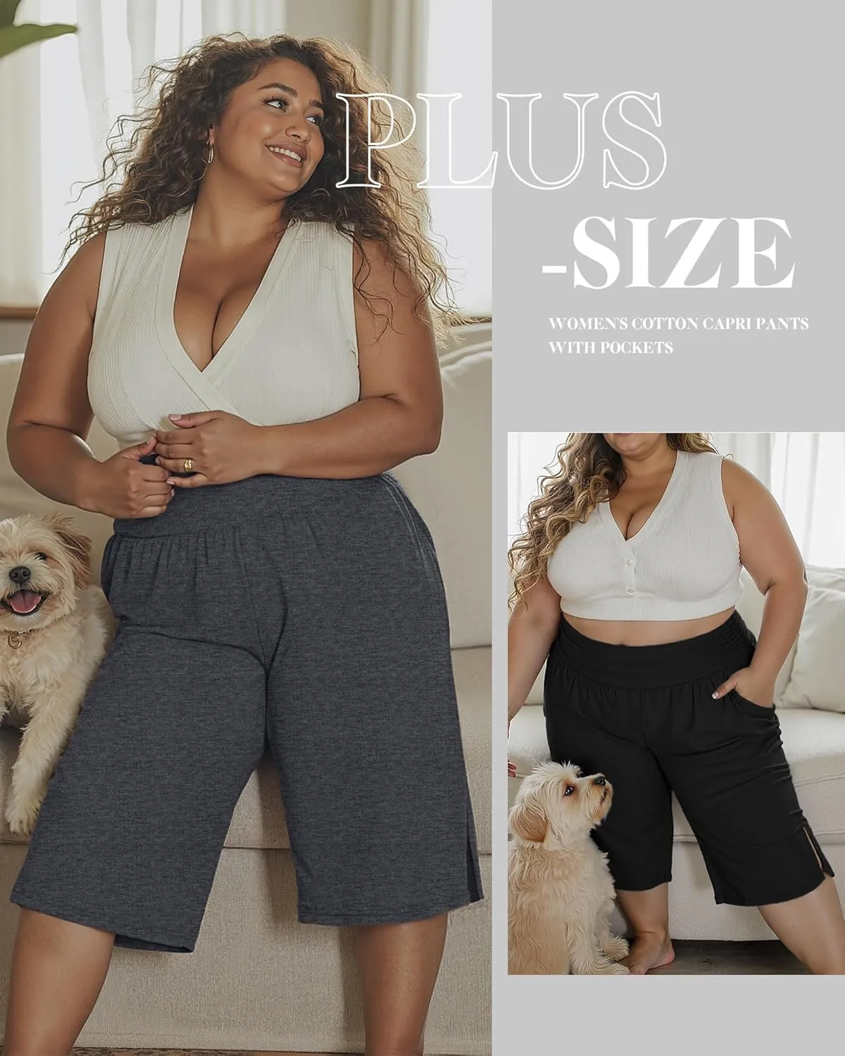 Neer 3 Pack Women's Plus Size Cotton Capri Pants High Waisted Wide Leg Loose Lounge Yoga Cropped Sweatpants with Pockets