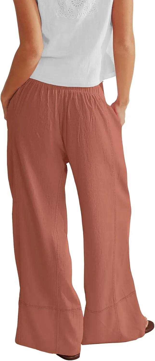 Nirovien Womens Wide Leg Linen Pants High Waisted Palazzo Pants Casual Summer Vacation Trousers with Pockets