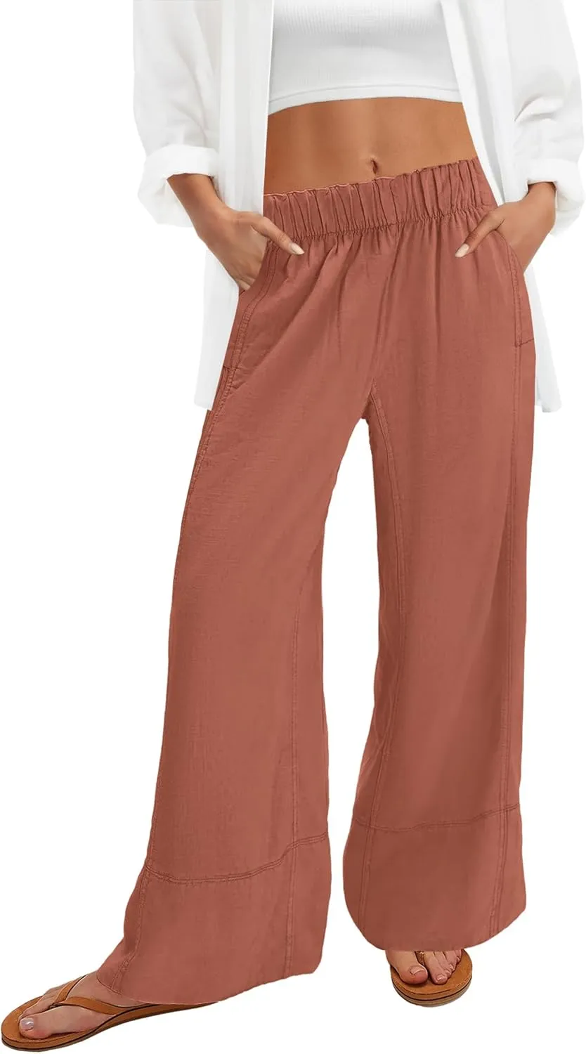 Nirovien Womens Wide Leg Linen Pants High Waisted Palazzo Pants Casual Summer Vacation Trousers with Pockets