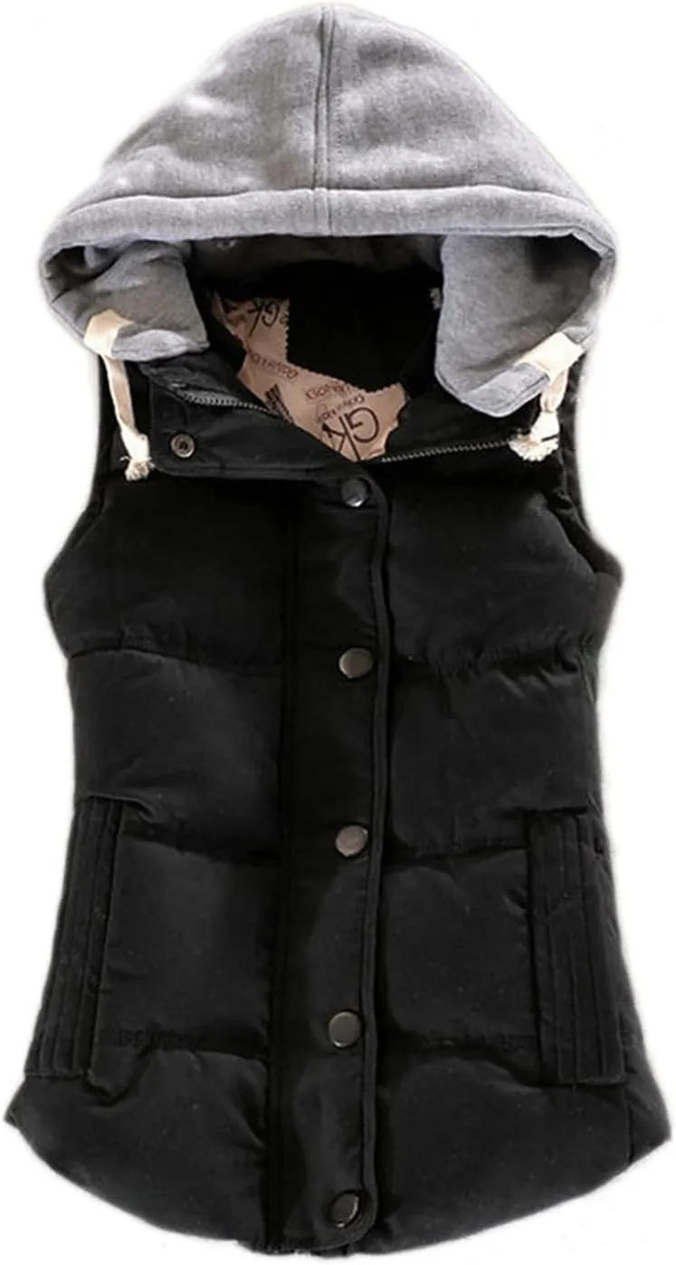 OMZIN Winter Hooded Vest Puffer Sleeveless Outwear Pockets Cotton Casual Vest