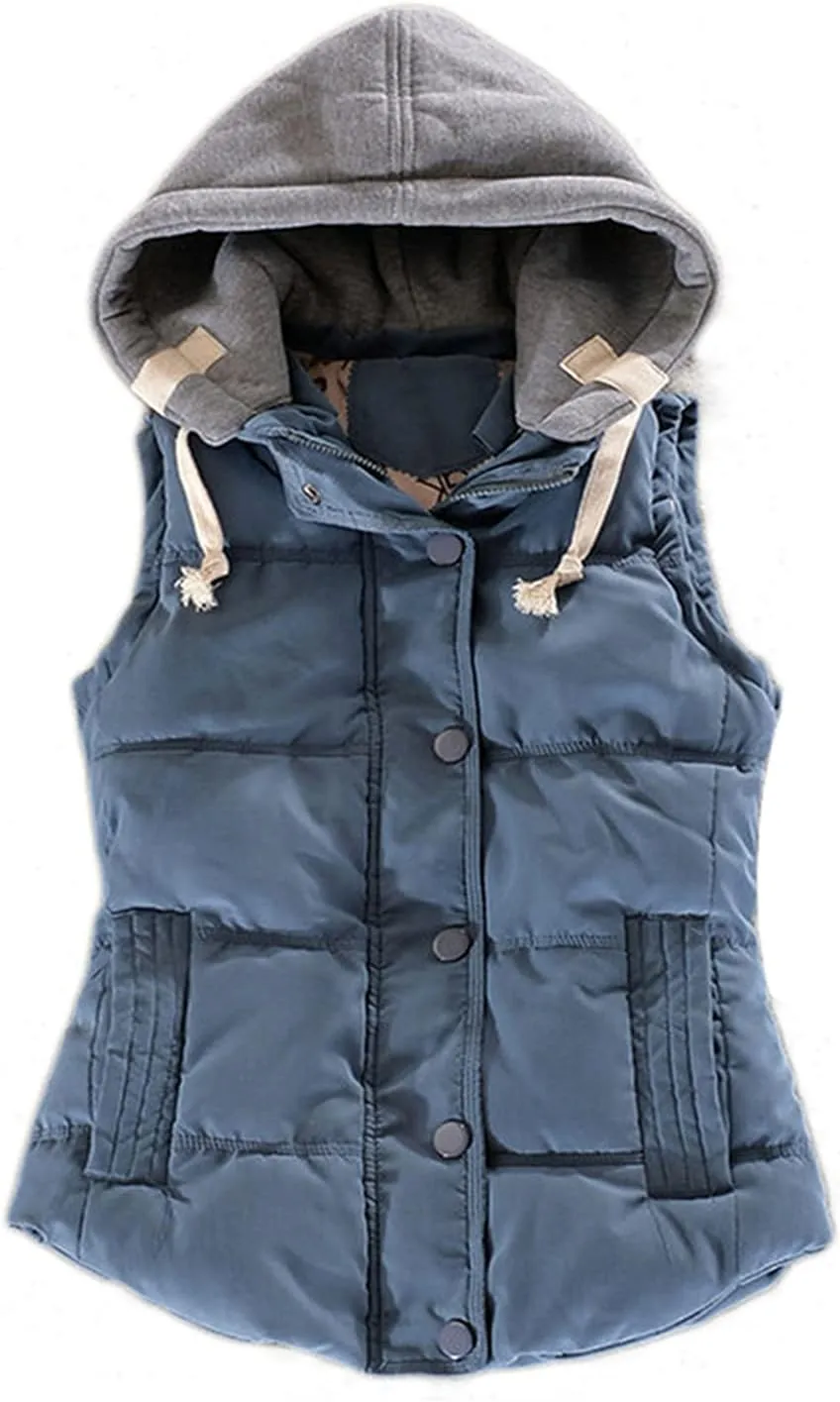 OMZIN Winter Hooded Vest Puffer Sleeveless Outwear Pockets Cotton Casual Vest