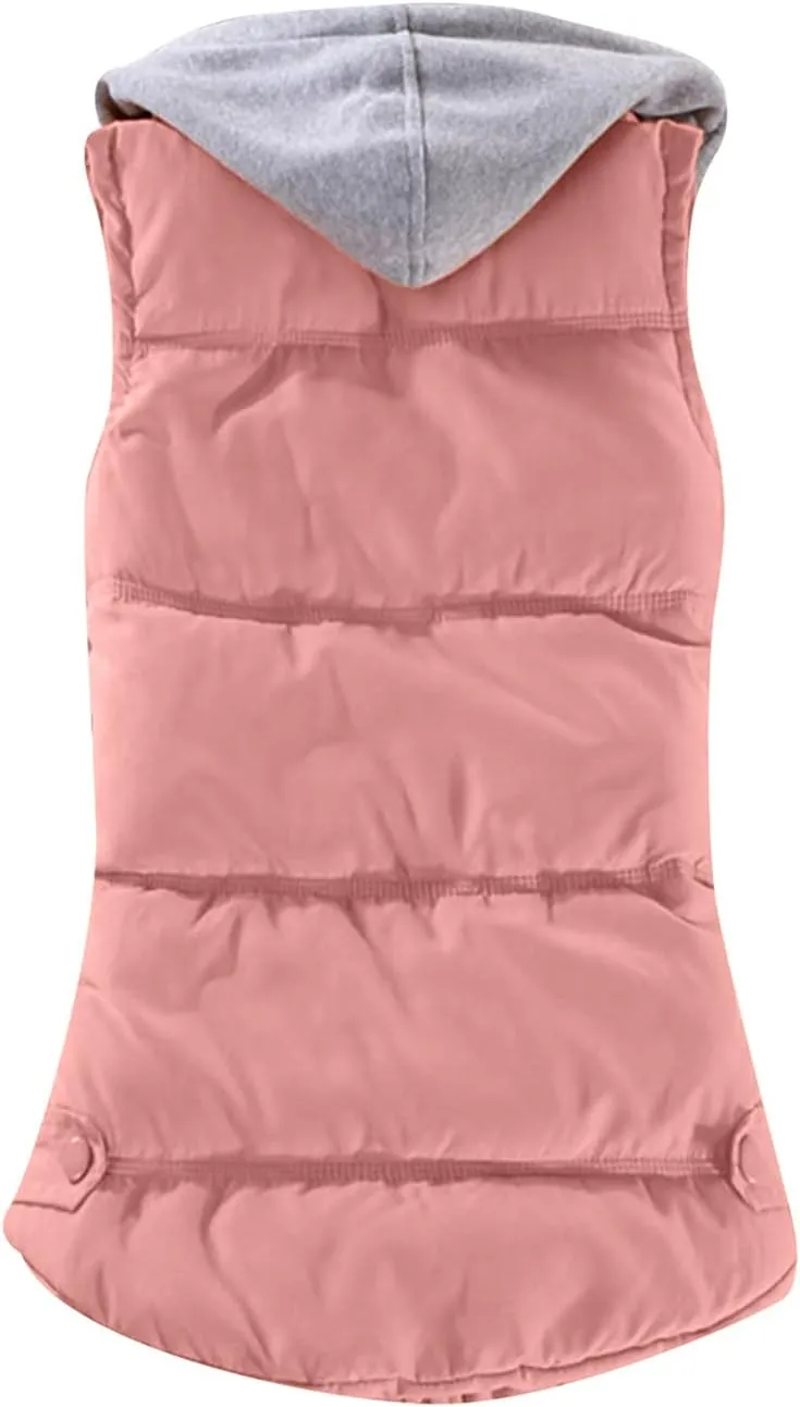 OMZIN Winter Hooded Vest Puffer Sleeveless Outwear Pockets Cotton Casual Vest