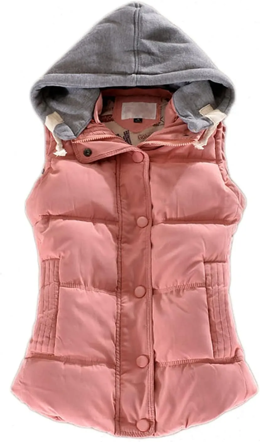 OMZIN Winter Hooded Vest Puffer Sleeveless Outwear Pockets Cotton Casual Vest