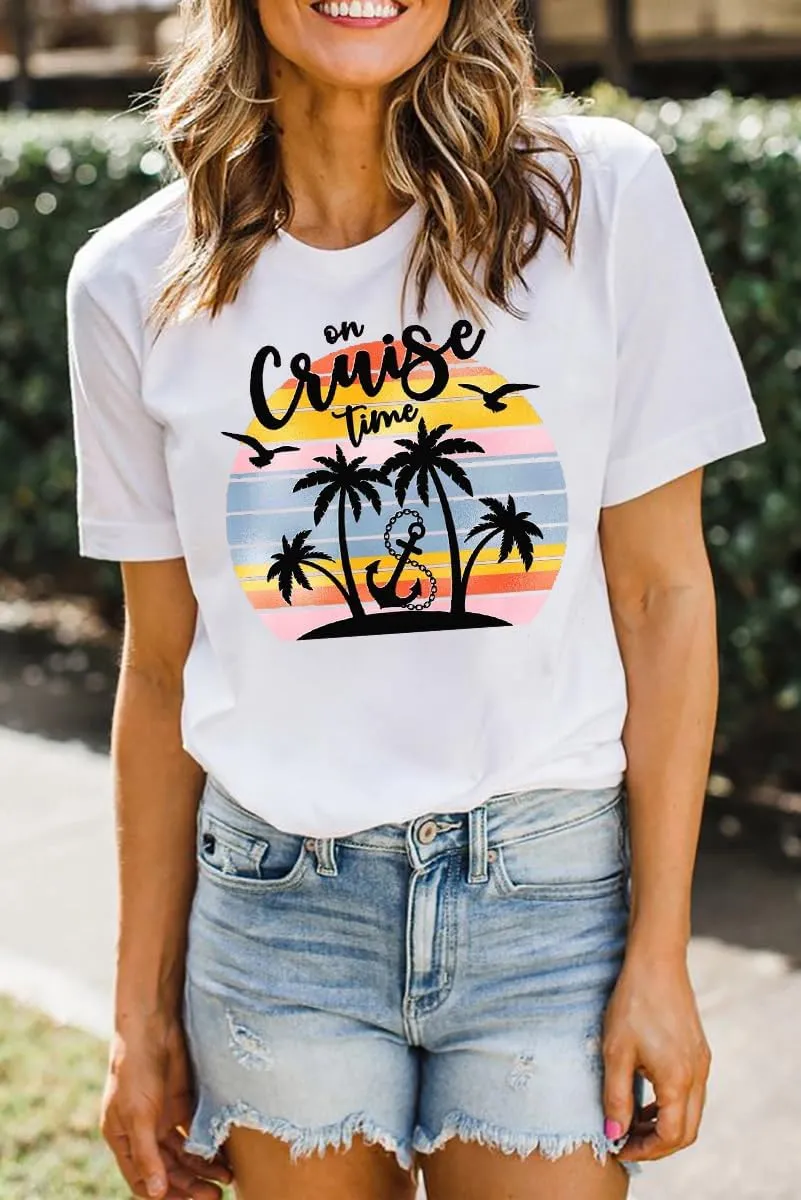 On Cruise Time T-Shirt Women Coconut Tree Graphic Tees Summer Vacation Shirt Beach Praty Tops Family Cruise Shirts