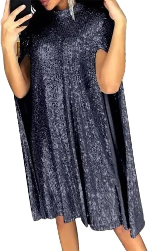 ONLYWOOD Womens Glitter Sequin Prom Trendy Mock Neck Cloak Cape Sleeve Keyhole Pleated Split Short Flowy Swing Party Dress