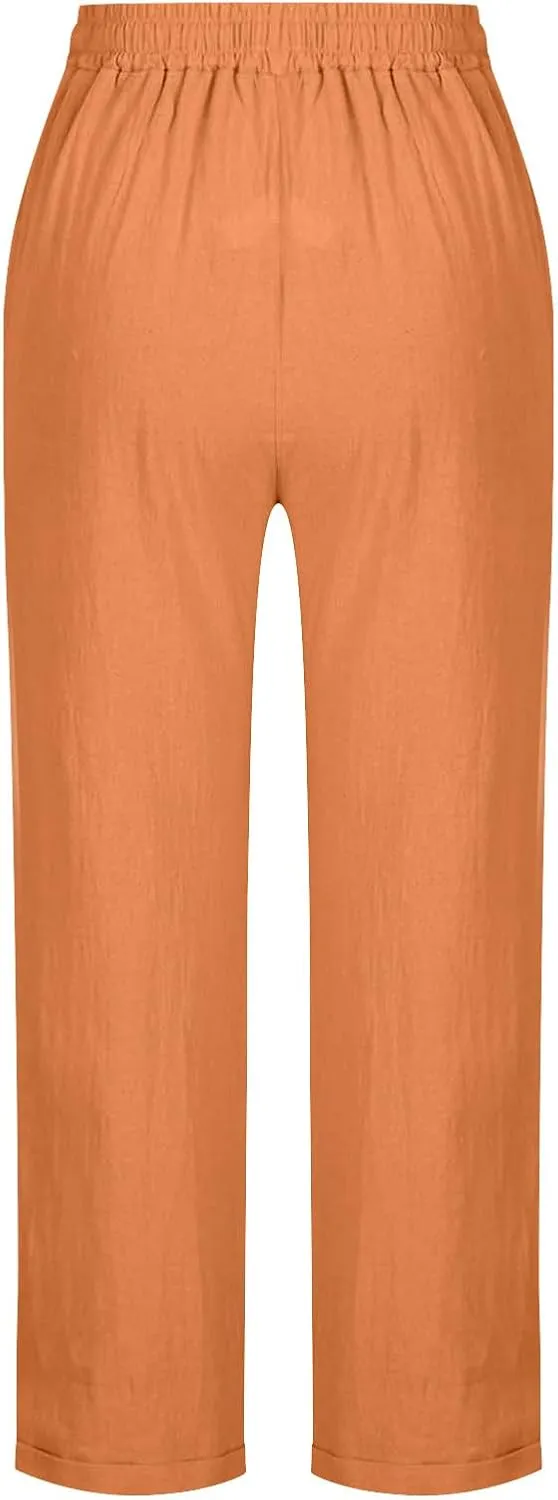 Oplxuo Cotton Linen Pants for Women Summer Elastic Waist Drawstring Straight Wide Leg Boho Beach Trousers with Pockets