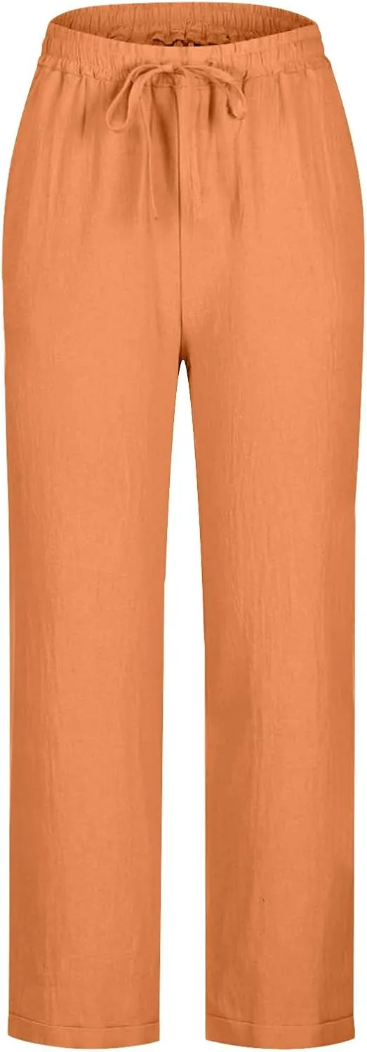 Oplxuo Cotton Linen Pants for Women Summer Elastic Waist Drawstring Straight Wide Leg Boho Beach Trousers with Pockets