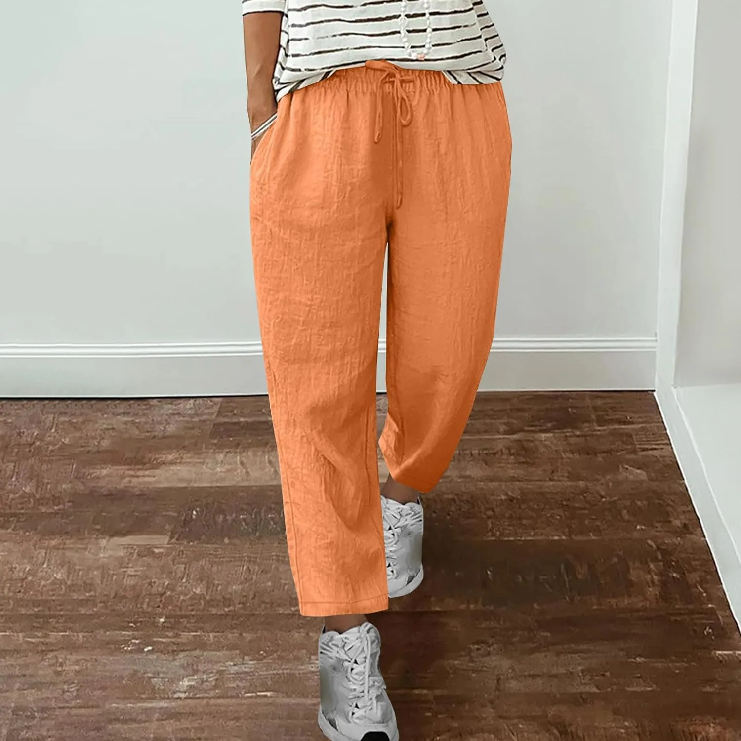 Oplxuo Cotton Linen Pants for Women Summer Elastic Waist Drawstring Straight Wide Leg Boho Beach Trousers with Pockets