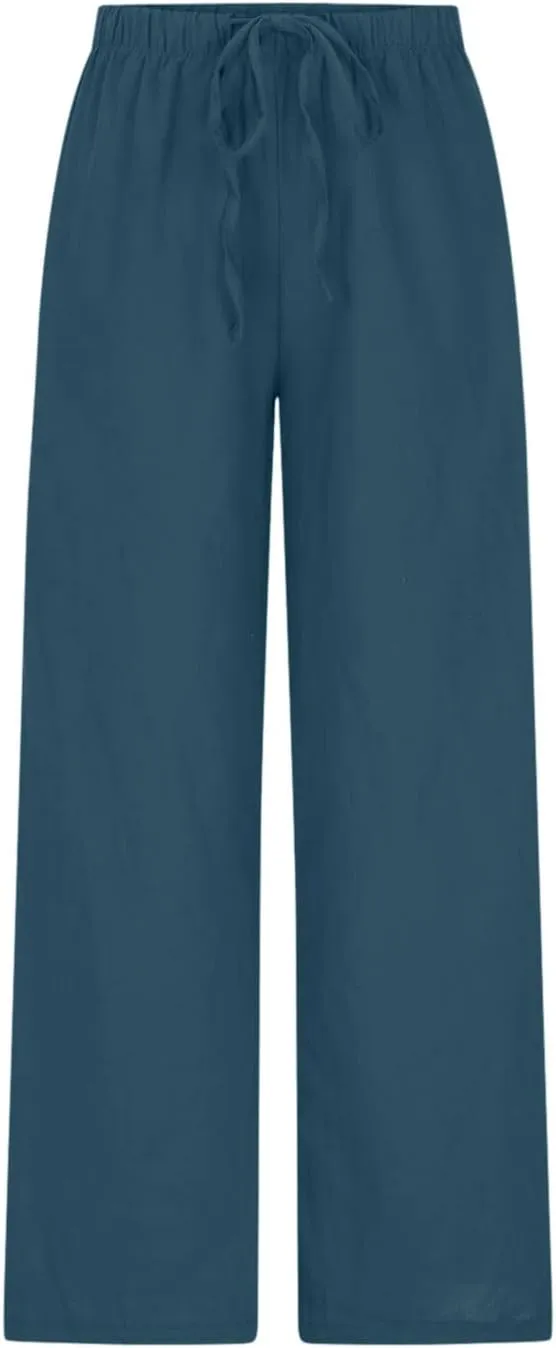 Oplxuo Women's Cotton Linen Palazzo Pants Summer Flowy Wide Leg Beach Trousers Drawstring Stretchy Lounge Pants with Pockets
