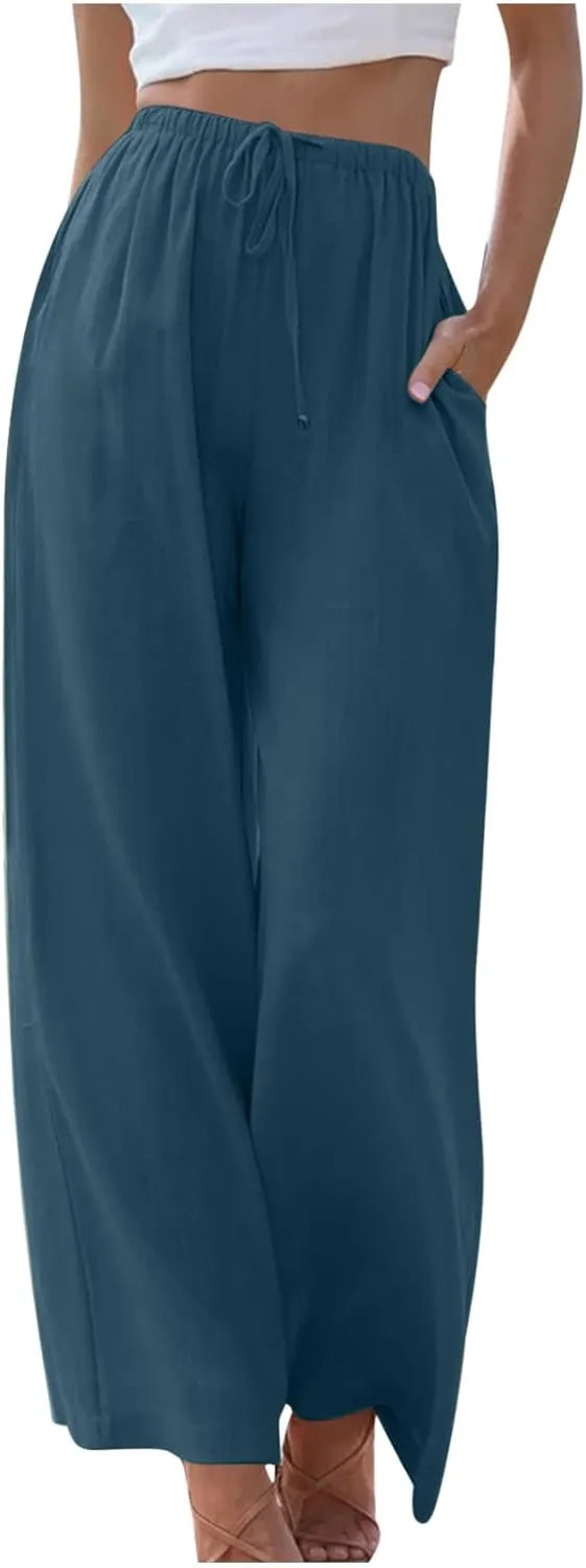 Oplxuo Women's Cotton Linen Palazzo Pants Summer Flowy Wide Leg Beach Trousers Drawstring Stretchy Lounge Pants with Pockets