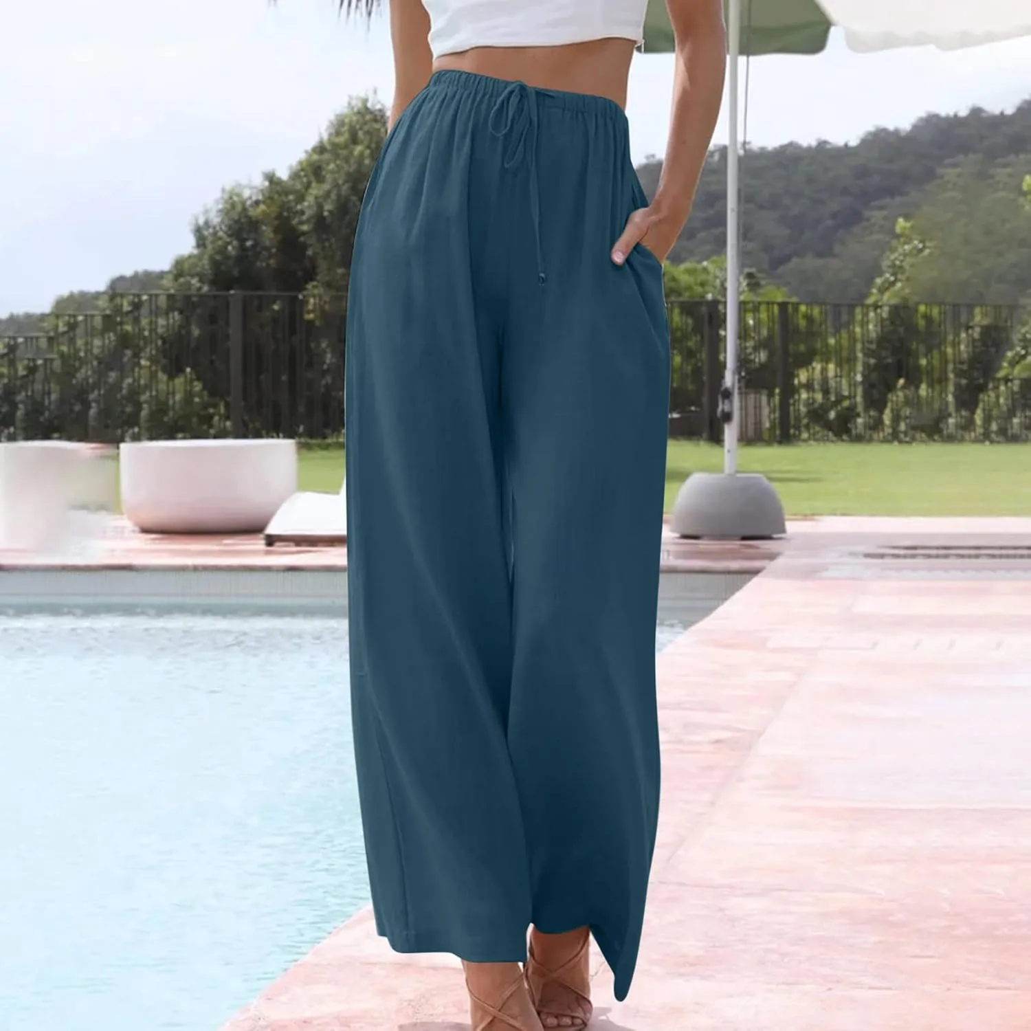 Oplxuo Women's Cotton Linen Palazzo Pants Summer Flowy Wide Leg Beach Trousers Drawstring Stretchy Lounge Pants with Pockets