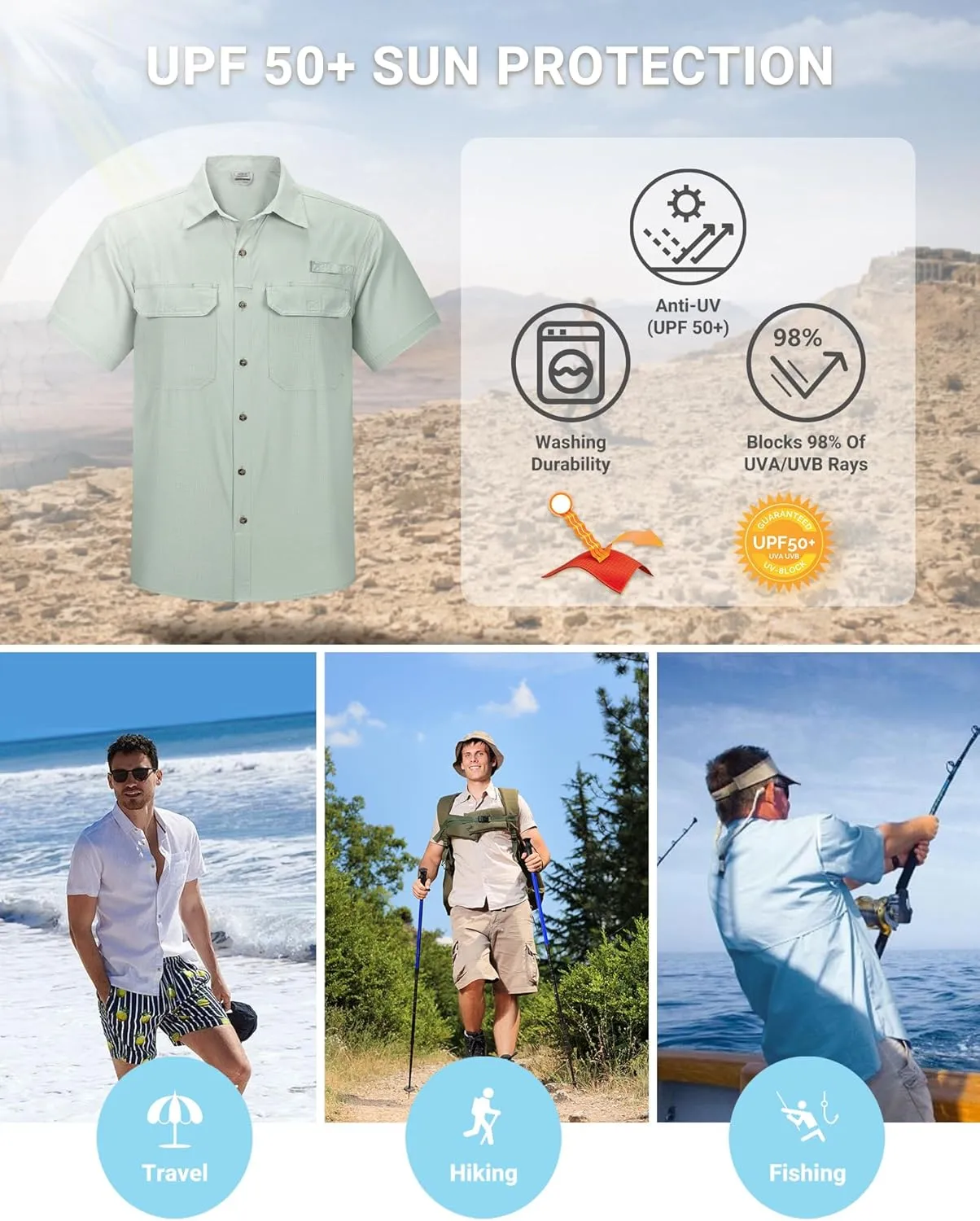 Outdoor Ventures Men's Lightweight Short Sleeve Fishing Shirt UPF 50 Button Down Quick Dry Cooling Hiking Travel Safari Shirt