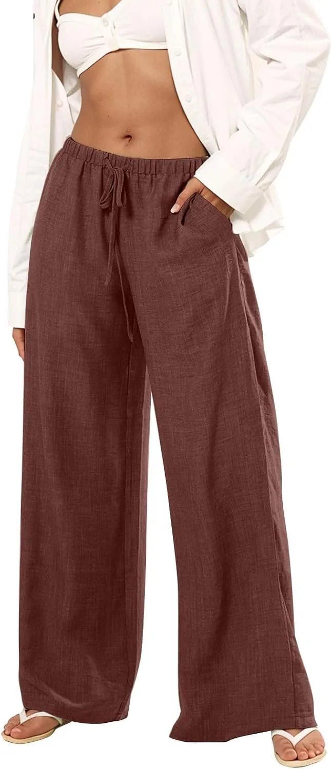 Palazzo Linen Pants for Women Elastic High Waisted Wide Leg Beach Pants Casual Summer Loose Flowy Trousers with Pocket