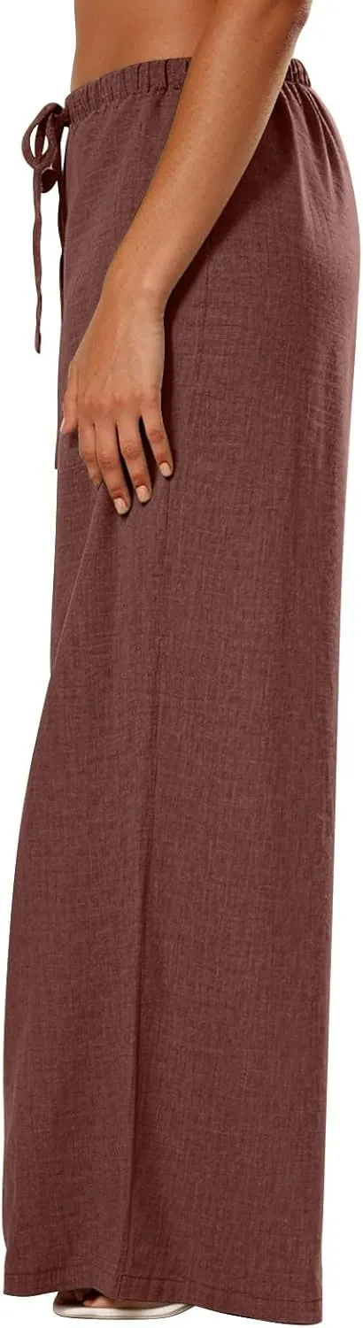 Palazzo Linen Pants for Women Elastic High Waisted Wide Leg Beach Pants Casual Summer Loose Flowy Trousers with Pocket