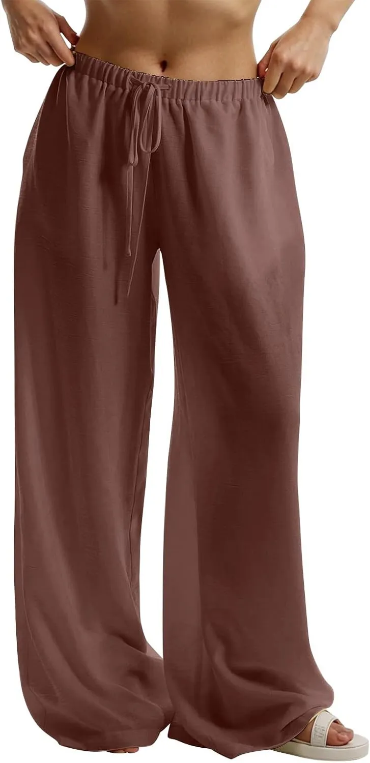 Palazzo Linen Pants for Women Elastic High Waisted Wide Leg Beach Pants Casual Summer Loose Flowy Trousers with Pocket