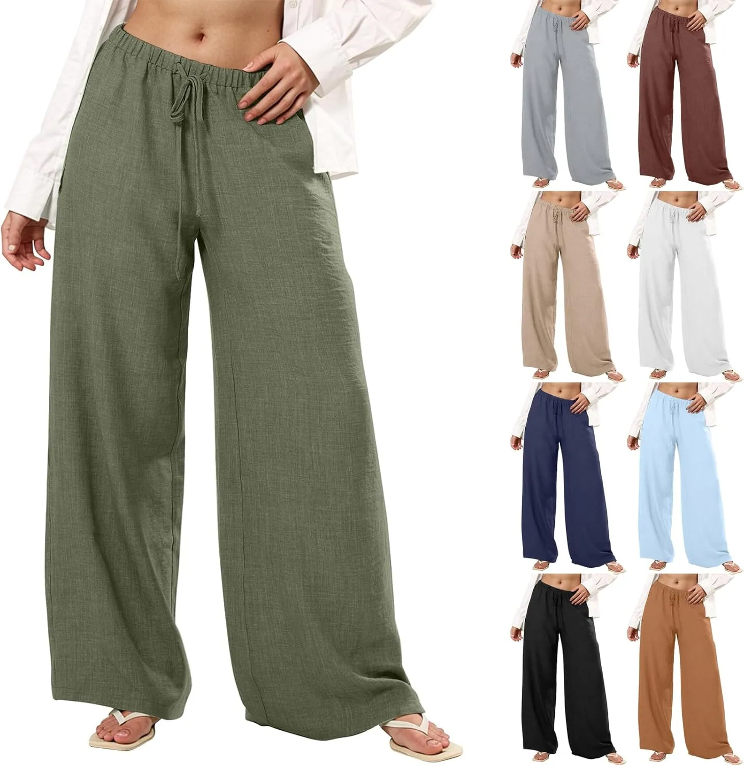 Palazzo Linen Pants for Women Elastic High Waisted Wide Leg Beach Pants Casual Summer Loose Flowy Trousers with Pocket