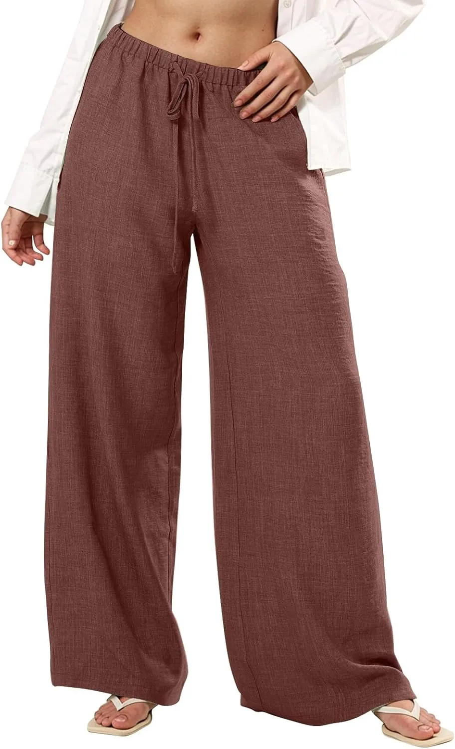 Palazzo Linen Pants for Women Elastic High Waisted Wide Leg Beach Pants Casual Summer Loose Flowy Trousers with Pocket