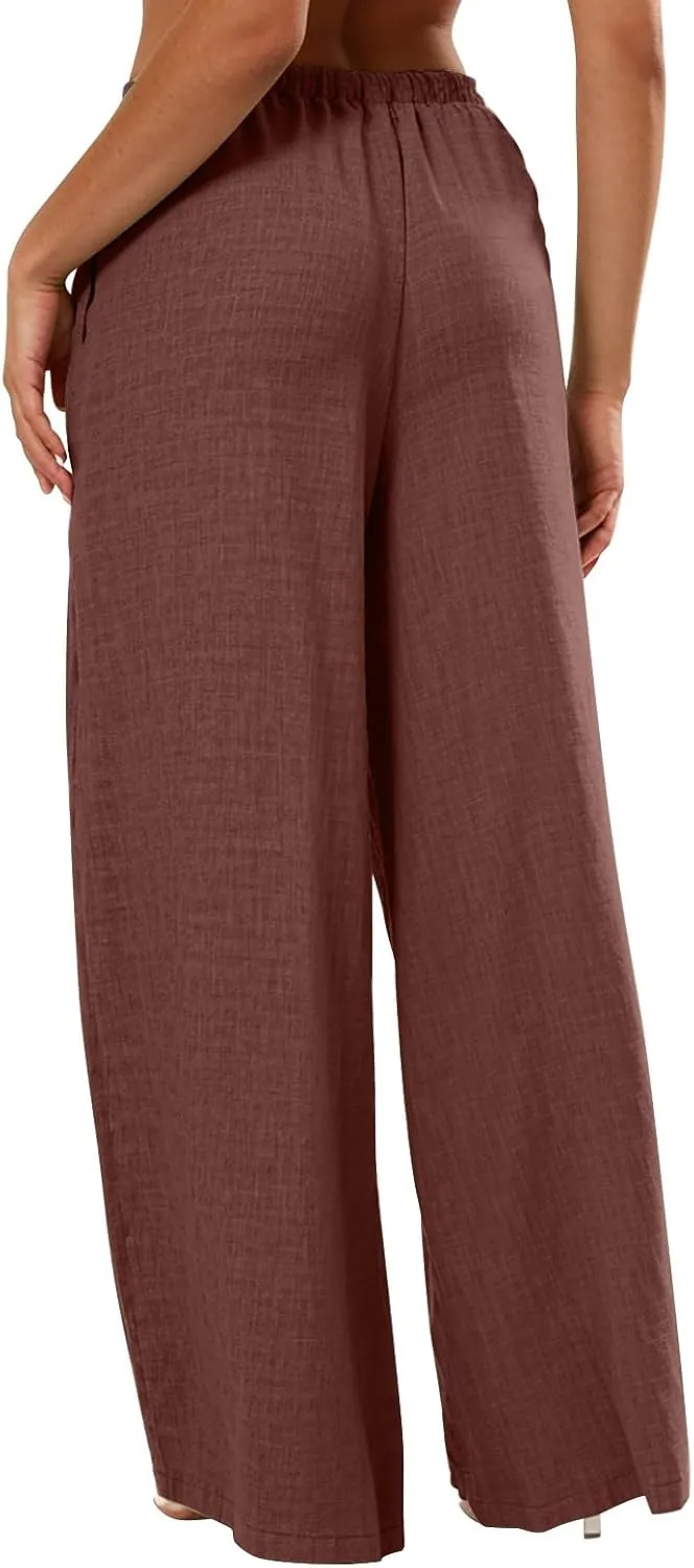 Palazzo Linen Pants for Women Elastic High Waisted Wide Leg Beach Pants Casual Summer Loose Flowy Trousers with Pocket