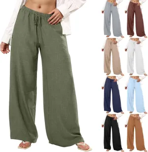 Palazzo Linen Pants for Women Elastic High Waisted Wide Leg Beach Pants Casual Summer Loose Flowy Trousers with Pocket